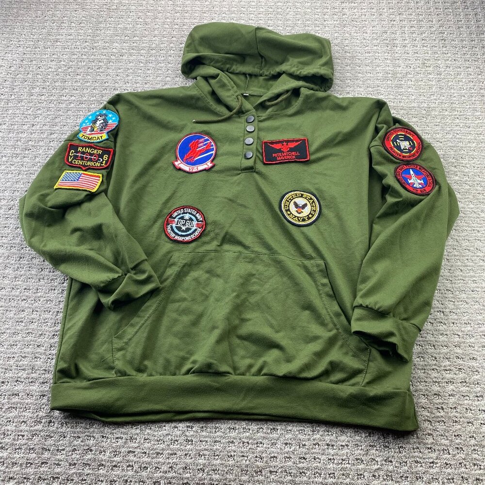Top Gun Hoodie Sweater Women Size XL Green Embroidered Patches Pullover Shirt